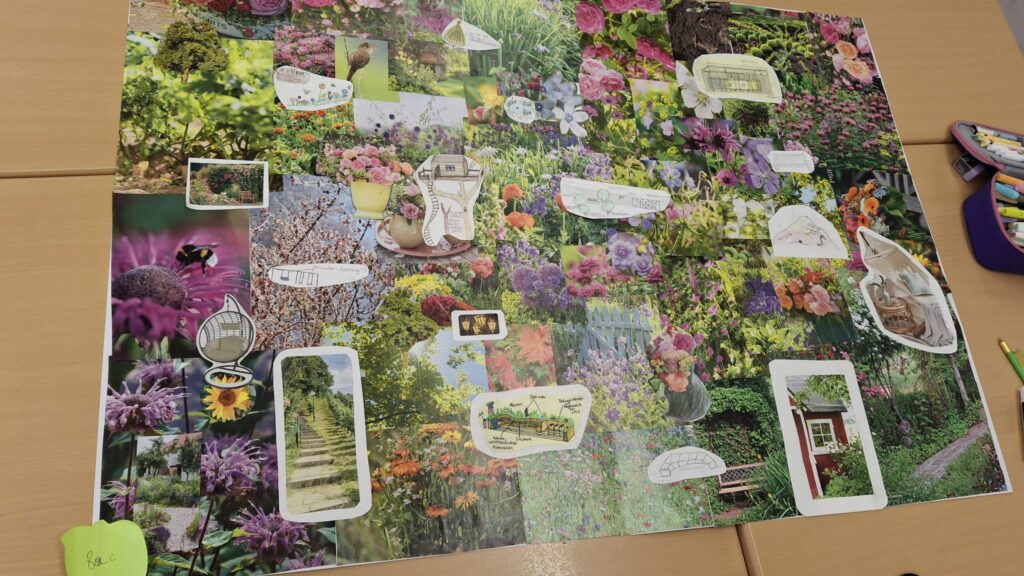 Bunte Collage mit vielen Blumen und Pflanzen, die zeigt wie sich Achtklässler:innen ihren Schulhof wünschen