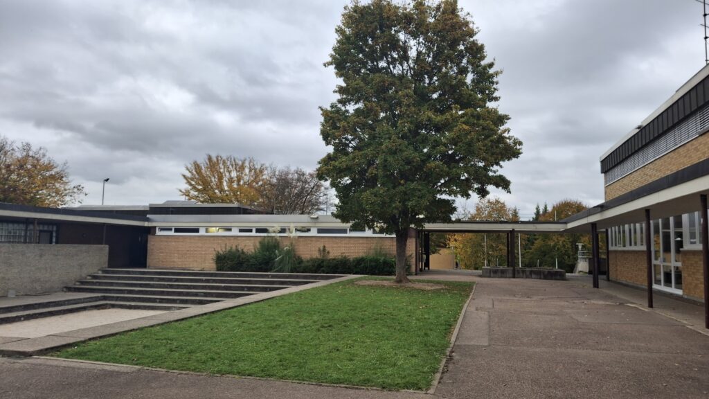 Atrium aus Steinen, zwischen Schulgebäuden, etwas Wiese und ein Baum