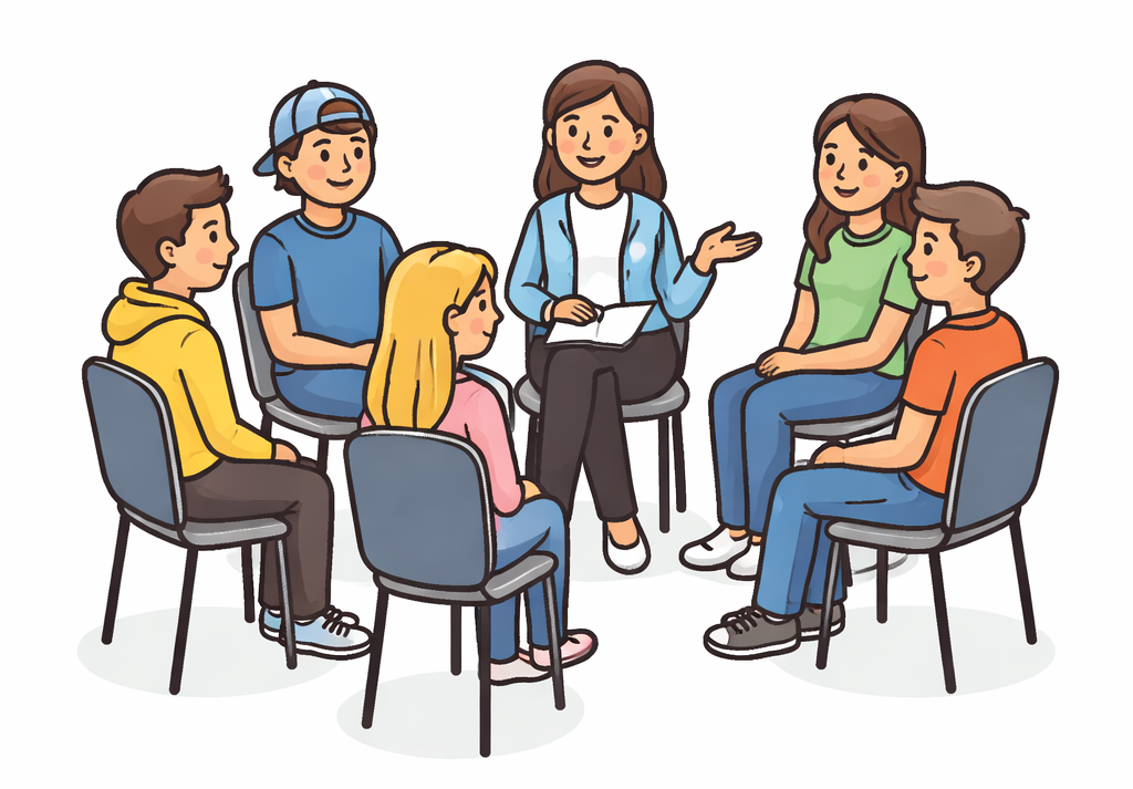 Eine Frau interviewt fünf Schüler:innen im Sitzkreis