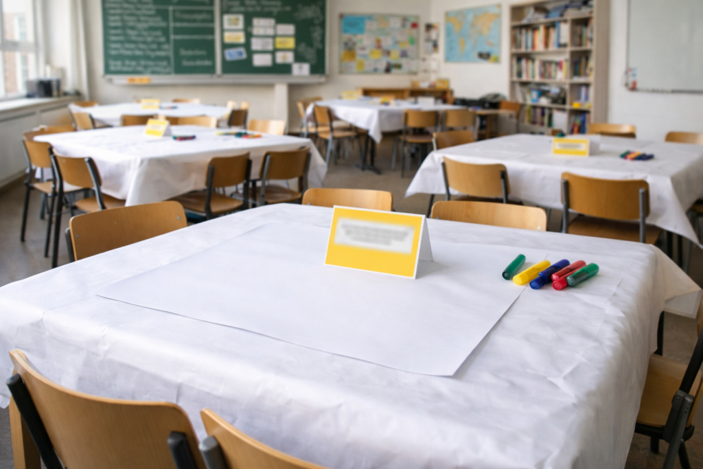 Gruppentische mit Aufgaben und Stiften zur Gestaltung eines Worldcafés