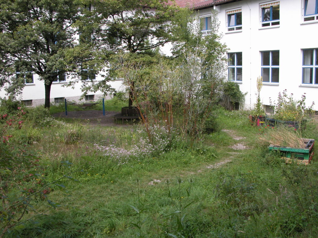 Wild bewachsener Ruhebereich einer Grundschule mit Bank und Hängematte