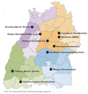 Eine Karte von Baden-Württemberg auf der die teilnehmenden Schulen verzeichnet sind